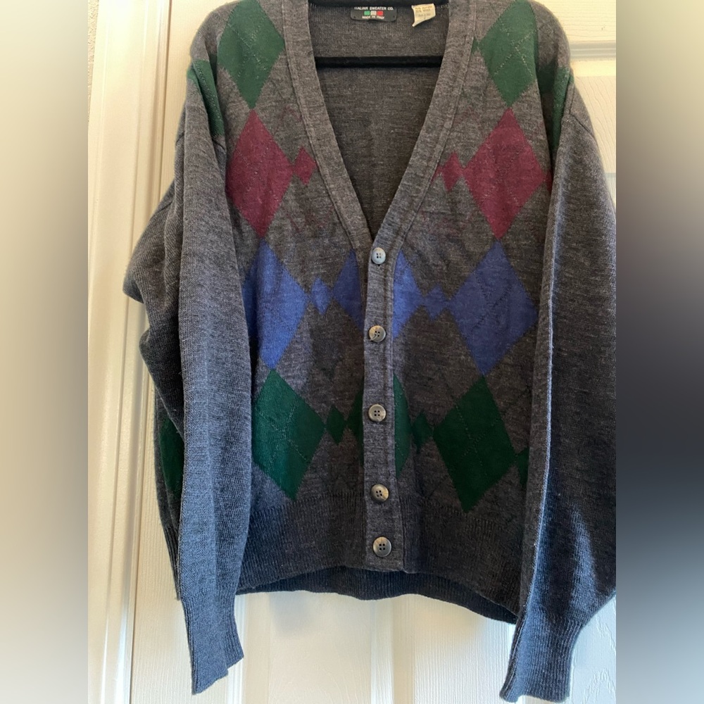 THE ITALIAN SWEATER CO MADE IN ITALY LONG-SLEEVE ARGYLE BUTTON-UP SWEATER-LARGE - Picture 3 of 9